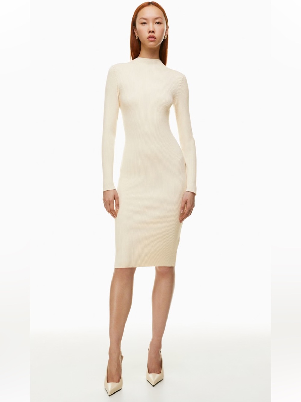 Babaton Compose Mock-neck Cream Ribbed Long Sleeve Midi Dress - Picture 1 of 8
